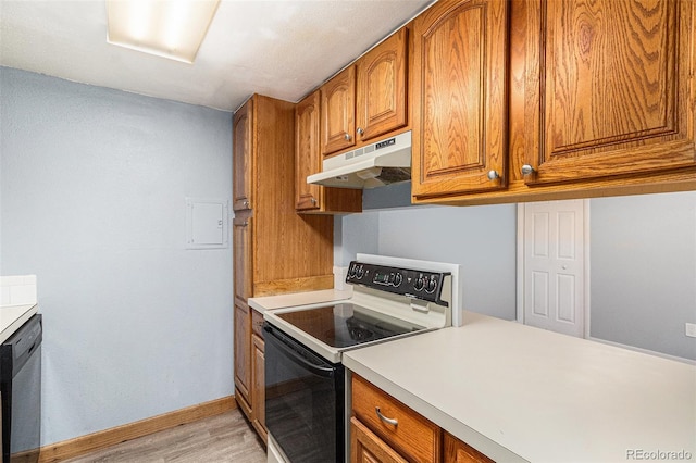 kitchen featuring light hardwood / wood-style flooring, white electric stove, and stainless steel dishwasher