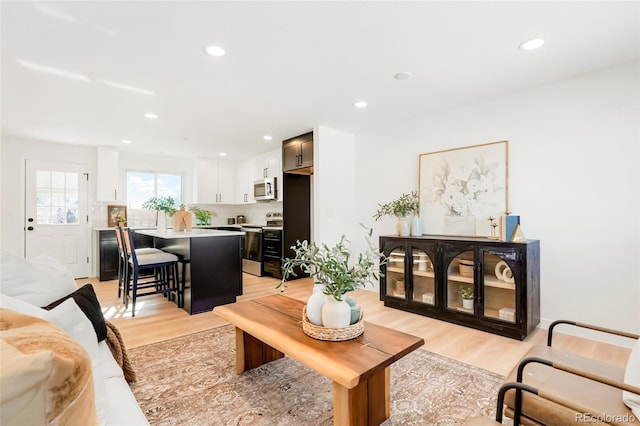 living area featuring light wood-style flooring and recessed lighting