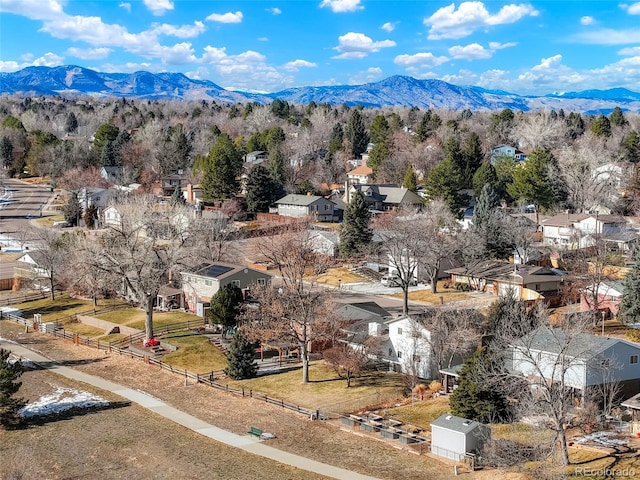 drone / aerial view featuring a mountain view