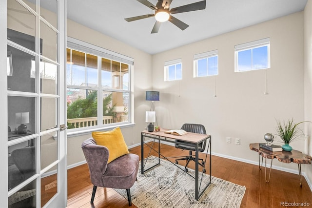 office with wood finished floors, baseboards, and ceiling fan