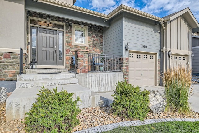 entrance to property with stone siding