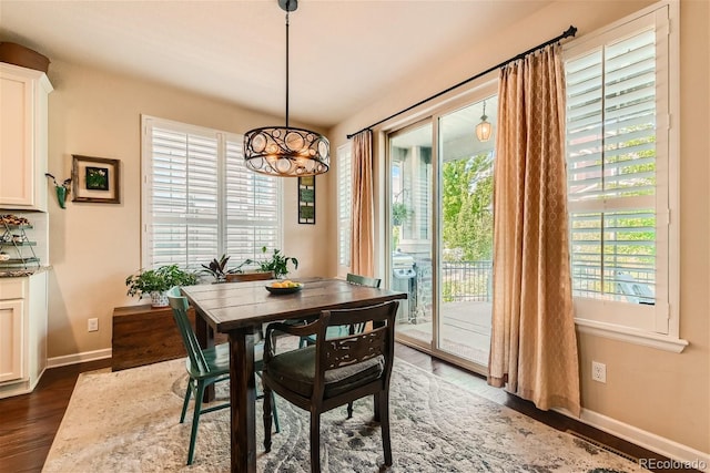 dining room with plenty of natural light, wood finished floors, and baseboards