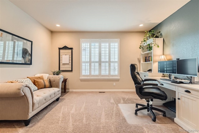 office with carpet floors, baseboards, and recessed lighting