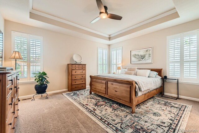 carpeted bedroom featuring a raised ceiling and multiple windows