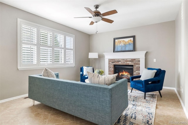 10978 Ashurst Ln, Highlands Ranch, CO 80130 - living area featuring light tile patterned flooring, ceiling fan, and a fireplace