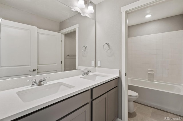 14249 Beebalm Ave, Parker, CO 80134 - bathroom with toilet, double vanity, and bathtub / shower combination