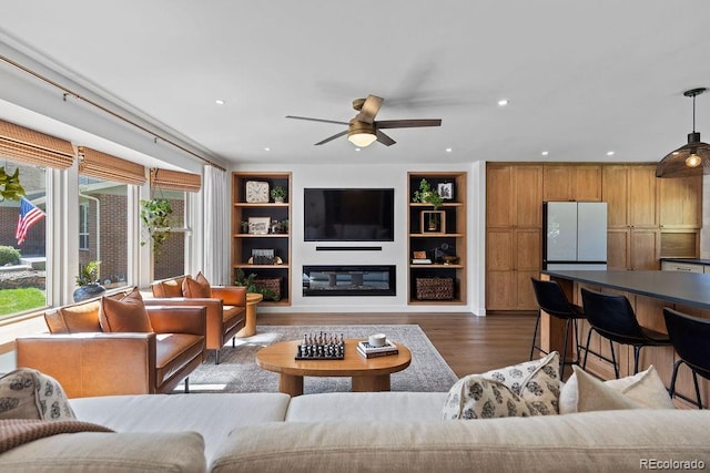 7633 S Gilpin Ct, Centennial, CO 80122 - living area with ceiling fan, dark wood-style floors, and recessed lighting