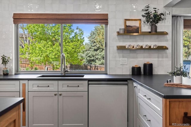 7633 S Gilpin Ct, Centennial, CO 80122 - kitchen featuring dishwasher, a sink, dark countertops, tasteful backsplash, and open shelves