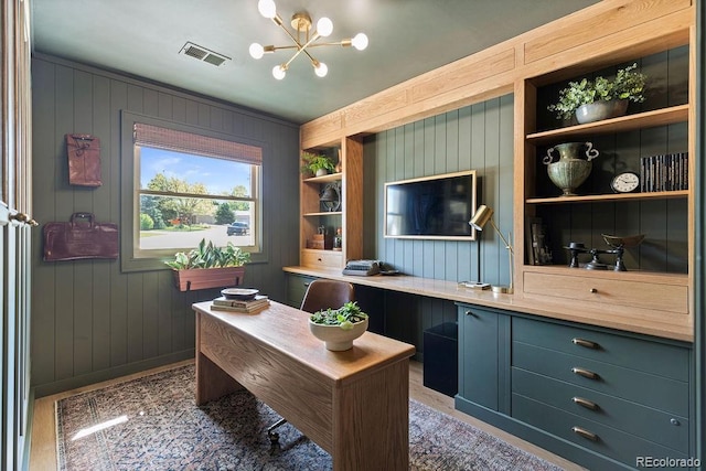 7633 S Gilpin Ct, Centennial, CO 80122 - office area featuring built in shelves, wooden walls, a chandelier, and baseboards