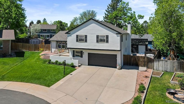 7633 S Gilpin Ct, Centennial, CO 80122 - split level home with an attached garage, concrete driveway, a vegetable garden, and a chimney