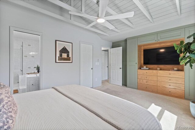 7633 S Gilpin Ct, Centennial, CO 80122 - bedroom with light colored carpet, ensuite bathroom, and ceiling fan