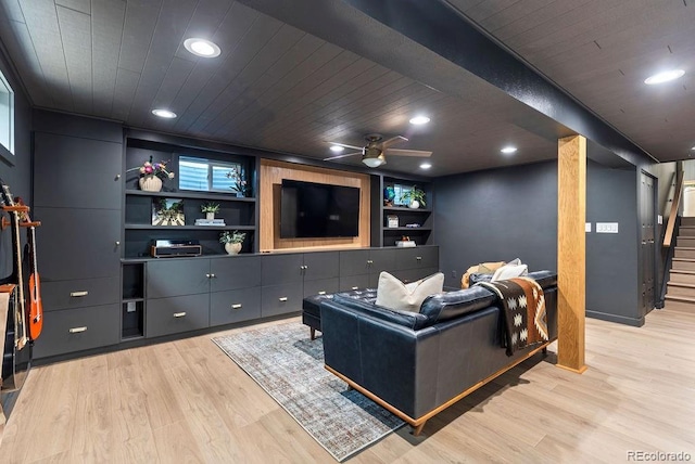 7633 S Gilpin Ct, Centennial, CO 80122 - living room with light wood-style flooring, stairs, wooden ceiling, ceiling fan, and built in shelves