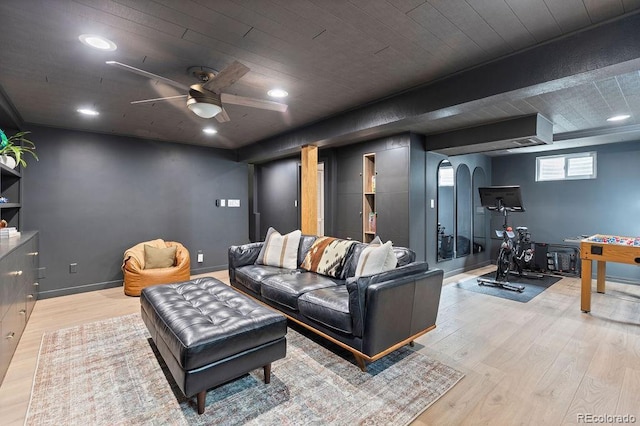 7633 S Gilpin Ct, Centennial, CO 80122 - living area featuring light wood-type flooring, a ceiling fan, recessed lighting, wood ceiling, and baseboards