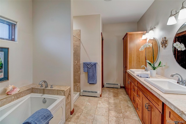 bathroom featuring vanity, independent shower and bath, tile patterned floors, and a baseboard radiator