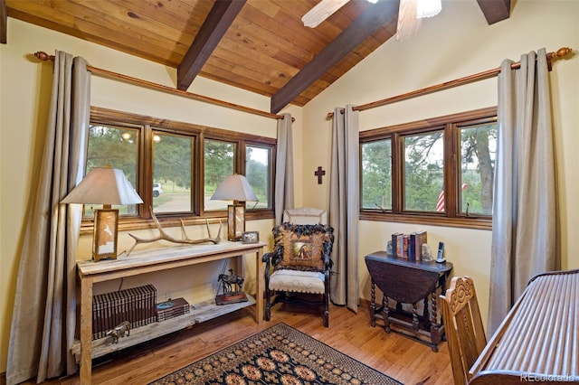 89 Aspen Leaf Ln, Bellvue, CO 80512 - office with wooden ceiling, wood finished floors, and a ceiling fan