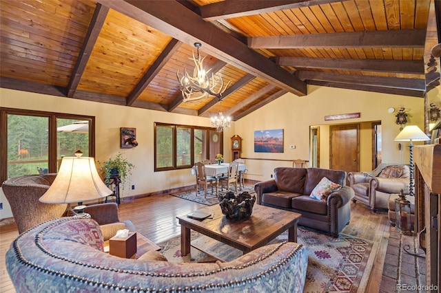 89 Aspen Leaf Ln, Bellvue, CO 80512 - living area featuring a chandelier, wood ceiling, and hardwood / wood-style flooring