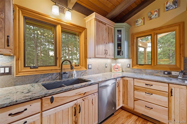 89 Aspen Leaf Ln, Bellvue, CO 80512 - kitchen featuring stainless steel dishwasher, wooden ceiling, light wood finished floors, light stone counters, and decorative backsplash