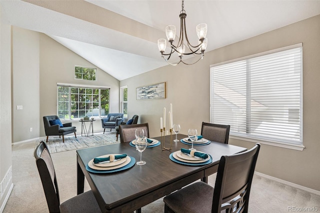 6713 W 98th Cir, Westminster, CO 80021 - dining room featuring light colored carpet, a chandelier, and lofted ceiling