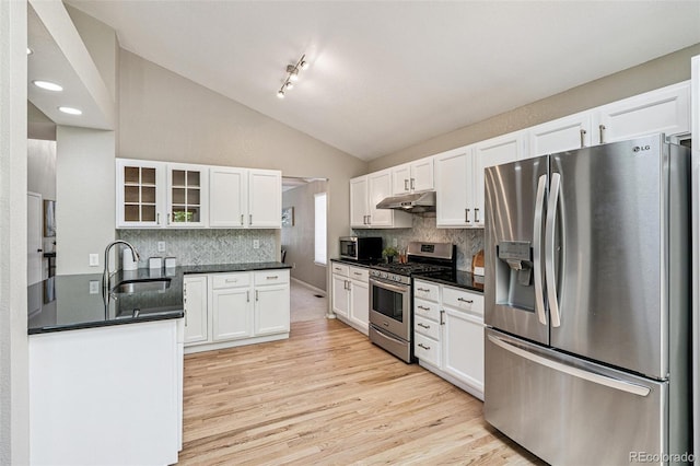 6713 W 98th Cir, Westminster, CO 80021 - kitchen with appliances with stainless steel finishes, vaulted ceiling, under cabinet range hood, white cabinets, and light wood finished floors