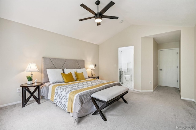 6713 W 98th Cir, Westminster, CO 80021 - carpeted bedroom featuring lofted ceiling, connected bathroom, and a ceiling fan