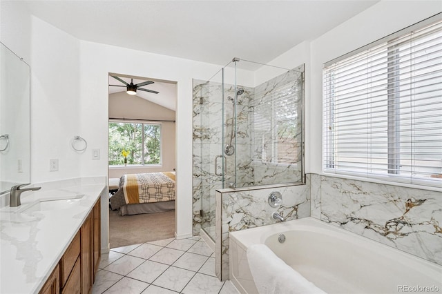 6713 W 98th Cir, Westminster, CO 80021 - ensuite bathroom featuring a garden tub, vanity, a marble finish shower, ceiling fan, and lofted ceiling