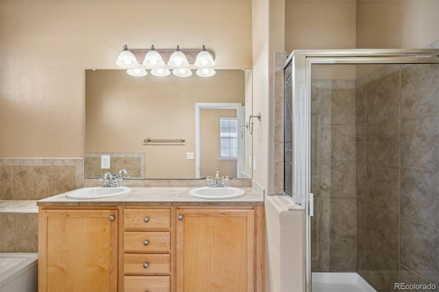 full bathroom featuring a sink, a stall shower, and double vanity