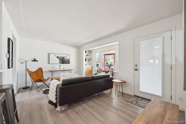 living area featuring baseboards and light wood finished floors