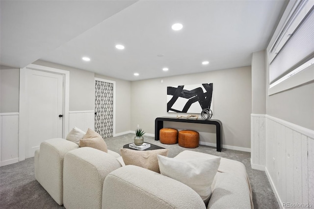 13249 W Jewell Pl, Lakewood, CO 80228 - living room featuring wainscoting, carpet, and recessed lighting