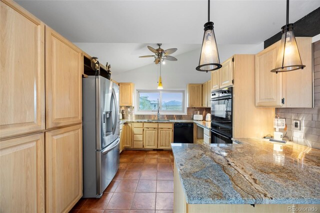 3900 Bogey Ct, Longmont, CO 80503 - kitchen featuring light brown cabinets, black appliances, a ceiling fan, a sink, and vaulted ceiling