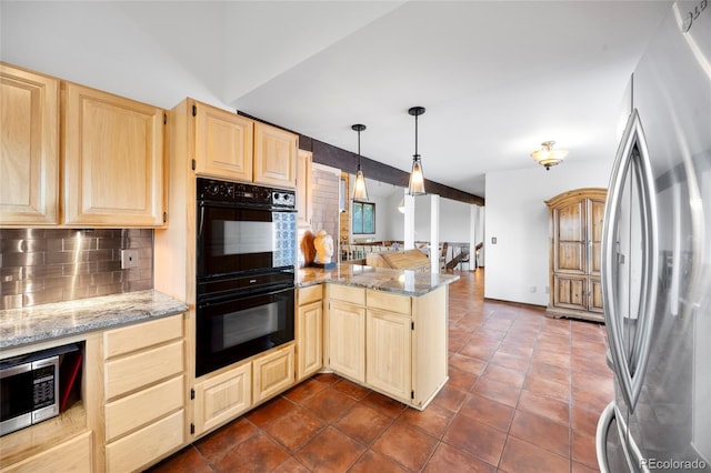 3900 Bogey Ct, Longmont, CO 80503 - kitchen featuring stainless steel appliances, tasteful backsplash, a peninsula, light brown cabinetry, and light stone counters
