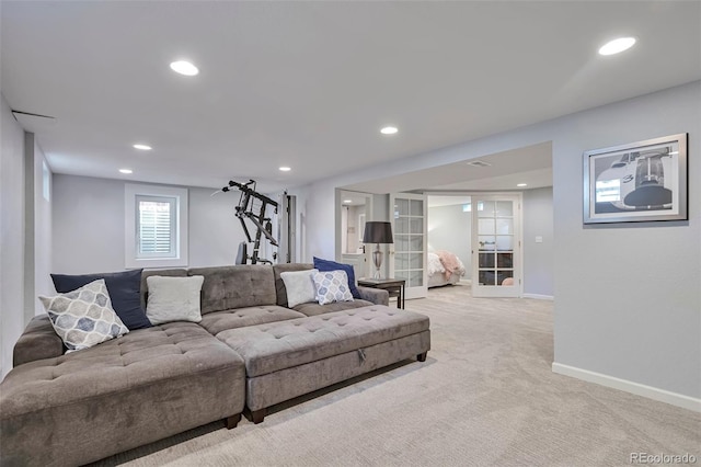 6179 S Bemis St, Littleton, CO 80120 - living area featuring light carpet, baseboards, and recessed lighting