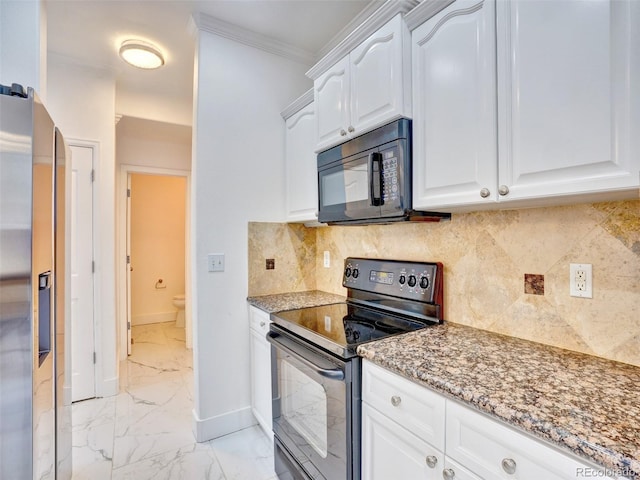 15501 E 112th Ave Unit 35B, Commerce City, CO 80022 - kitchen featuring black appliances, light marble finish flooring, light stone counters, white cabinetry, and crown molding