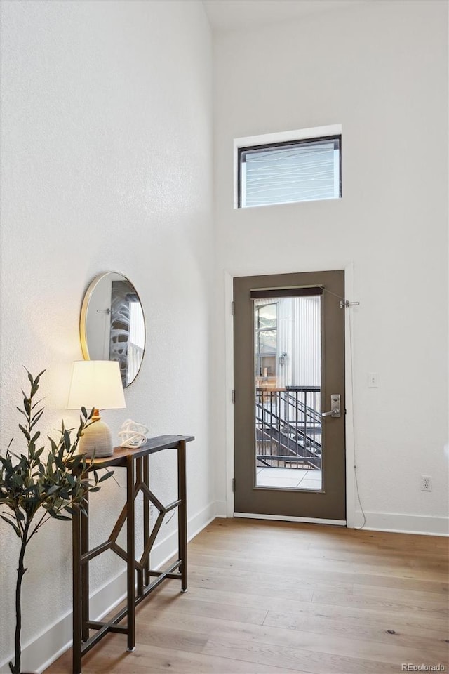 entryway with a high ceiling and light wood-type flooring