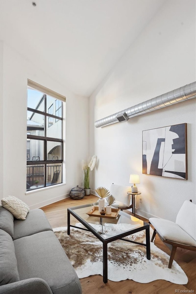 living room featuring high vaulted ceiling and hardwood / wood-style floors