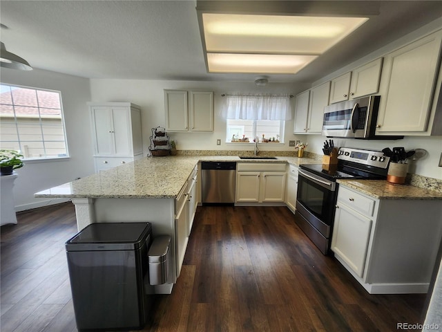21924 E Lake Ave, Aurora, CO 80015 - kitchen featuring stainless steel appliances, a peninsula, dark wood-style flooring, and light stone counters
