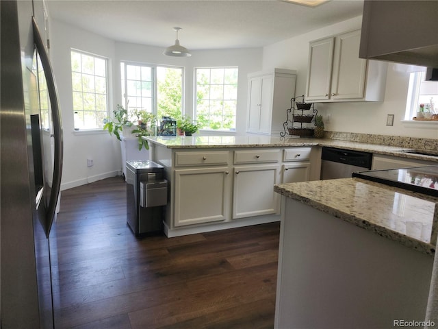 21924 E Lake Ave, Aurora, CO 80015 - kitchen with stainless steel appliances, a peninsula, light stone countertops, dark wood-type flooring, and white cabinetry