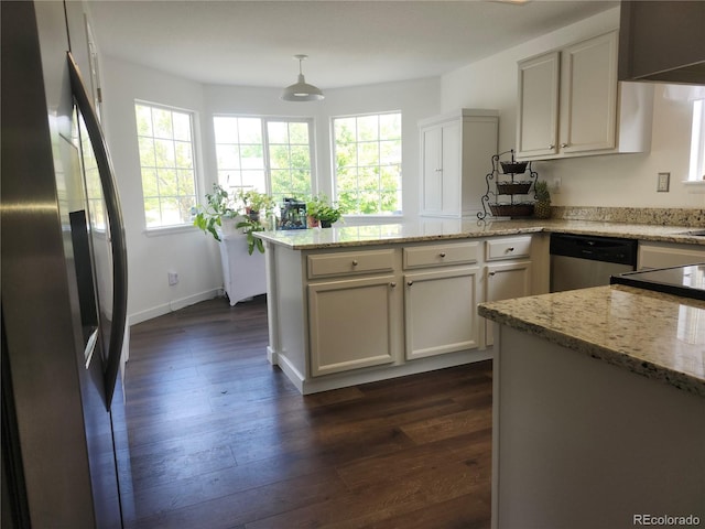 21924 E Lake Ave, Aurora, CO 80015 - kitchen with appliances with stainless steel finishes, a peninsula, plenty of natural light, and dark wood-type flooring