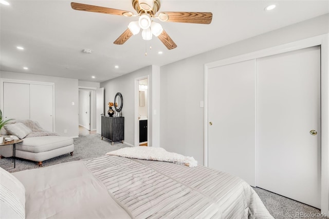 5947 W 65th Ave, Arvada, CO 80003 - bedroom featuring light carpet, recessed lighting, a closet, ceiling fan, and connected bathroom