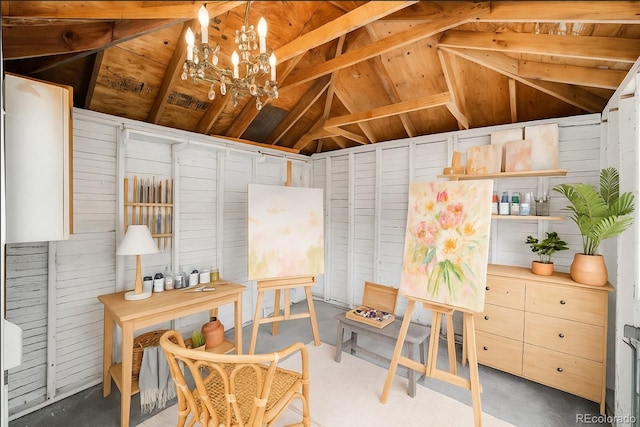 5947 W 65th Ave, Arvada, CO 80003 - office area featuring a chandelier, wood walls, and wood ceiling