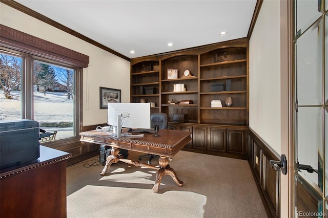 carpeted office space featuring ornamental molding