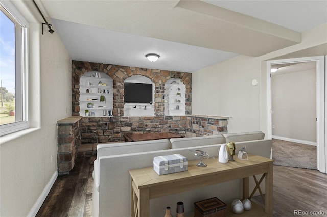 8979 Lariat Loop, Elizabeth, CO 80107 - living room with wood finished floors, healthy amount of natural light, and built in shelves