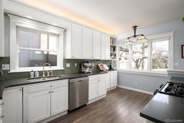 kitchen with sink, hanging light fixtures, white cabinets, decorative backsplash, and stainless steel dishwasher