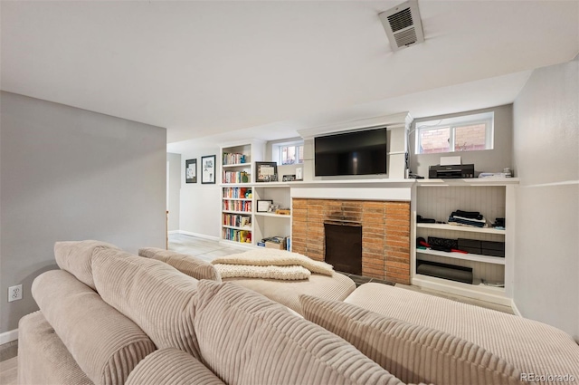 living room with a fireplace