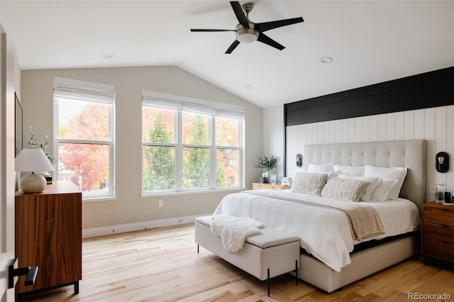 619 S High St, Denver, CO 80209 - bedroom featuring vaulted ceiling, light wood-type flooring, a ceiling fan, and baseboards