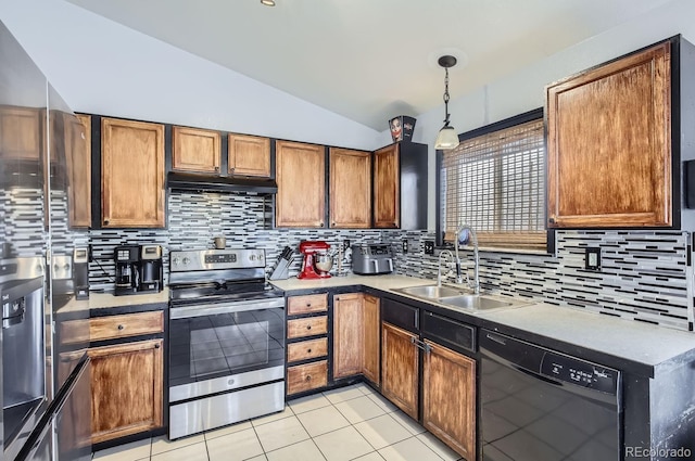 kitchen with vaulted ceiling, decorative light fixtures, dishwasher, sink, and electric stove