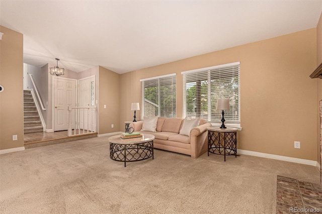 8588 S Woody Way, Highlands Ranch, CO 80126 - carpeted living area featuring a chandelier and stairs