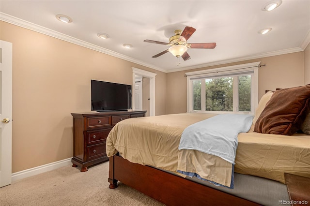 8588 S Woody Way, Highlands Ranch, CO 80126 - bedroom with light colored carpet, crown molding, a ceiling fan, and recessed lighting