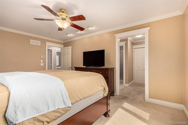 8588 S Woody Way, Highlands Ranch, CO 80126 - bedroom featuring light carpet, ornamental molding, a ceiling fan, and recessed lighting