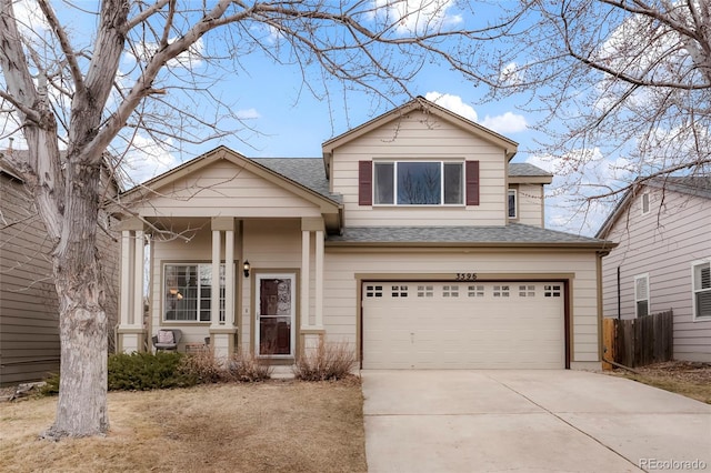 view of front of house with a garage, concrete driveway, roof with shingles, and fence