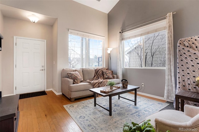 living area featuring light wood-style flooring, a wealth of natural light, and baseboards